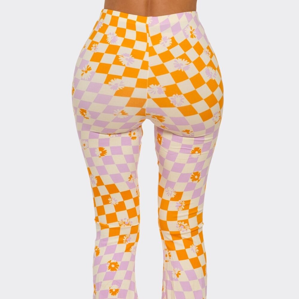 NEW Floral Wavy Checkerboard Groovy Retro Flared Long Pants Small - Picture 3 of 5